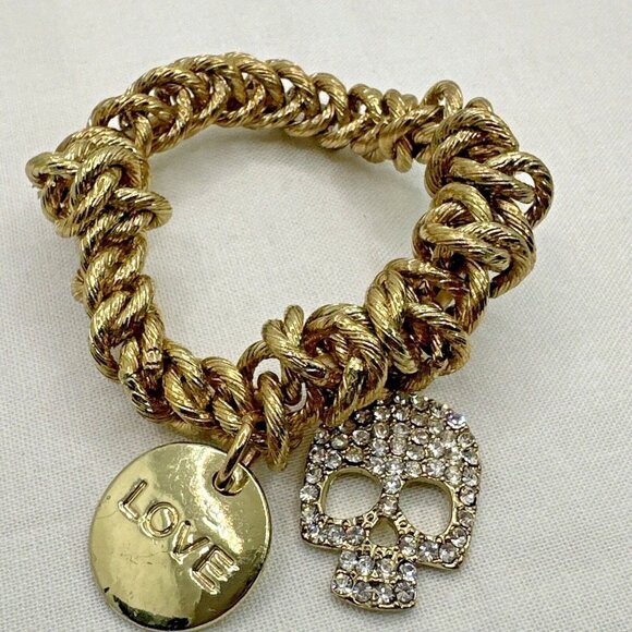 Skull Love Charm Bracelet Stretch Chunky Links Gold Tone Small Rhinestones - Picture 4 of 6